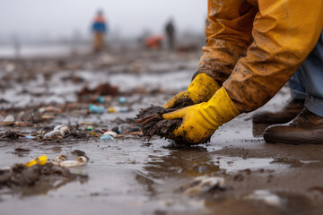 Volunteers Cleaning Polluted Water – Environmental Care, Pollution Fight, and Community Action Concept
