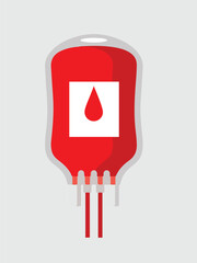 Illustration of a blood bag filled with red blood and marked with a blood drop symbol, isolated on a gray background.