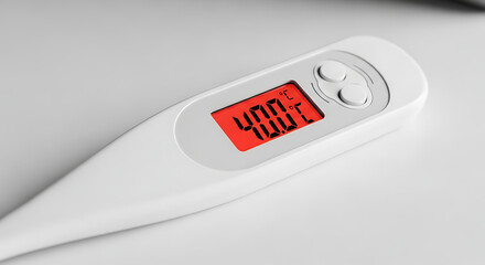 Electronic thermometer displaying high temperature reading on a transparent background