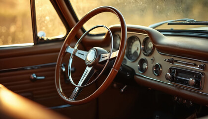 Close up photo of an antique car interior. The vintage vehicle has a wooden steering wheel and a classic dashboard. Retro auto design elements are prominent showing style and design.