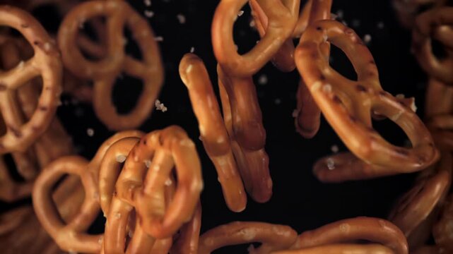 Salty pretzels fly and fall on a black background. Filmed on a high-speed camera at 1000 fps. High quality FullHD footage