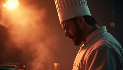 Chef concentrated during cooking competition. Man wears chef hat, prepares food in kitchen under spotlight. Intense atmosphere with steam, smoke rising. Focus on culinary skill and time pressure.