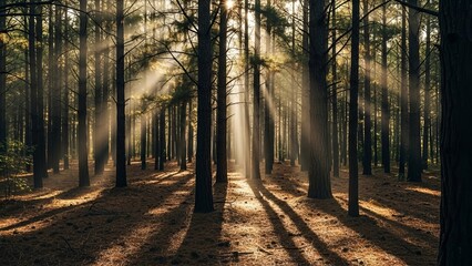 Sunlight streams through tall trees in a dense forest creating shadows