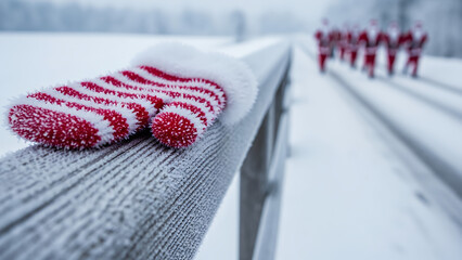 Red striped gloves resting on a snowy fence with runners in winter