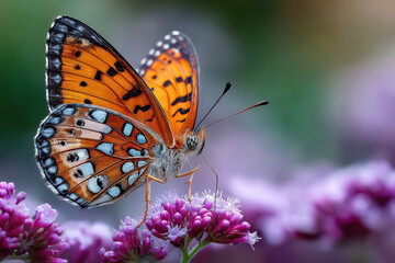 Naklejka premium Vibrant Butterfly on Purple Flower in Nature