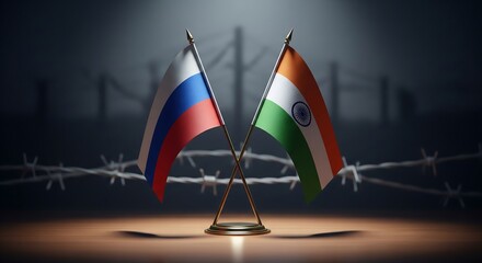 Russia and India flags symbolize complex geopolitical relations amid barbed wire backdrop, ideal for international affairs and global strategy discussions