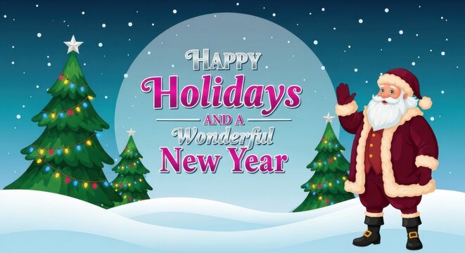 Santa claus waving hello in a snowy winter landscape with christmas trees and happy holidays text