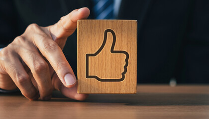 A person in a suit holding a wooden block with a carved thumbs up icon, symbolizing approval or positive feedback in a business setting.