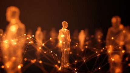 Digital Connectivity: A futuristic representation of individuals, interconnected by a network of glowing nodes and lines, symbolizes digital unity and communication.