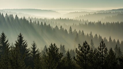 Obraz premium Panoramic view of a misty forest with sunlight shining through trees