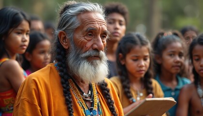 Elder man with long grey beard, braids, traditional beads teaches young indigenous children. Shares cultural stories, wisdom outdoors. Kids listen intently, learn from elder, engaged. Community