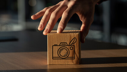 A hand interacts with a wooden cube featuring a camera and feather icon, symbolizing photography and creativity.