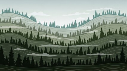 Stylized landscape illustration of rolling hills and evergreen trees
