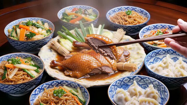 Fresh Chinese cuisine with assorted dishes, noodles, vegetables, and chopsticks elegantly presented on a table, capturing the multicultural culinary experience of international cuisine.