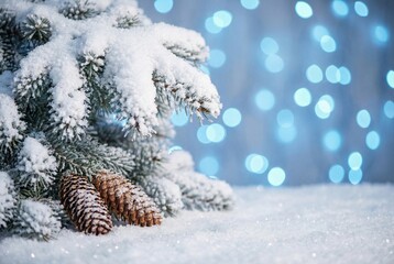 Snow covered spruce branches with frosted needles and brown pinecones rest over a sparkling white surface, set against a blue bokeh background. Peaceful winter Christmas backdrop with copy space.