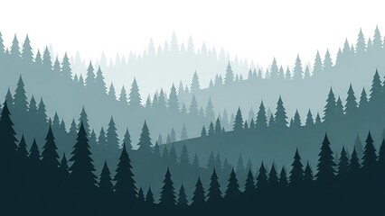 Silhouetted evergreen forest landscape with layered trees against a gradient sky