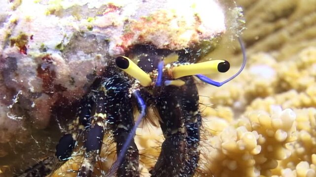 Hermit crab peers out of its shell on colorful Coral reef. Crustacean has black and brown legs, blue antennae, and bright yellow eyestalks with black eyes. Crab slowly explores during day.