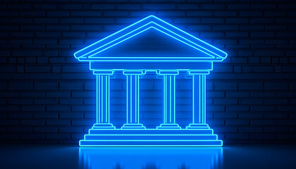 Fototapeta premium Glowing blue neon outline of a classical building with columns on a dark background