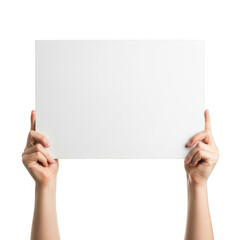 Two hands holding up a blank white rectangular sign or poster isolated on transparent background