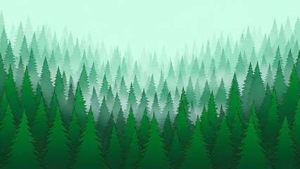 Dense evergreen forest landscape illustration with layered green trees and fog