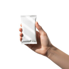 Hand holding a small, blank white sachet or packet mockup isolated on transparent background