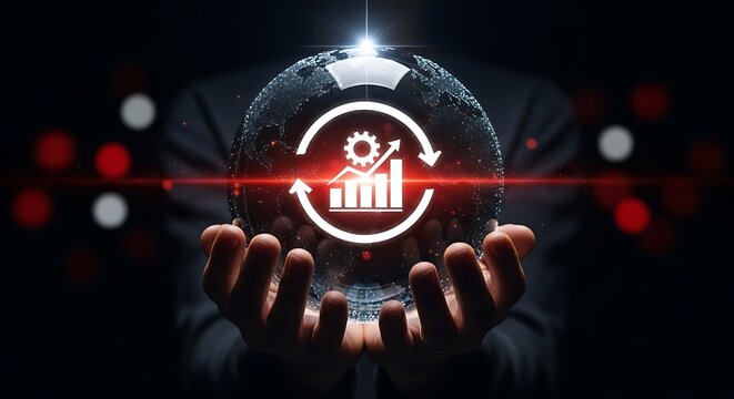 A man holds a glowing sphere with a chart and gear icon, representing business process automation and optimization