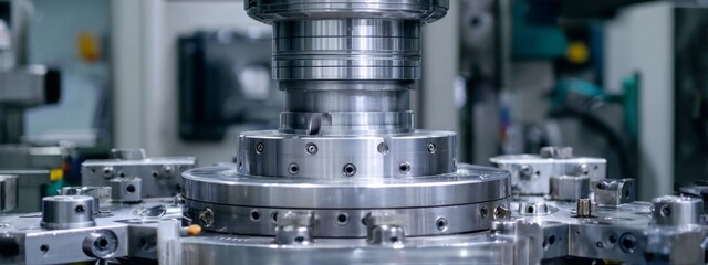 Close-Up View of CNC Machine Spindle Assembly with Rotating Components in Industrial Workshop Environment