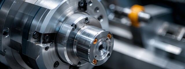 Fototapeta premium Close-up View of CNC Machine Spindle Assembly with Rotating Components for Precision Engineering Applications