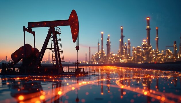 Oil pumpjack glows with digital data lines. Connects to blurred refinery plant at sunset. Image shows digital transformation in energy production. Smart industry future innovation. Big tech drives