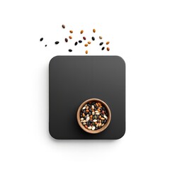 Colorful seeds in wooden bowl on black surface top view flat lay food photography still life minimalist composition