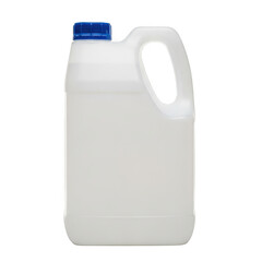 Translucent white plastic jerry can with a blue screw cap and integrated handle, isolated on transparent background
