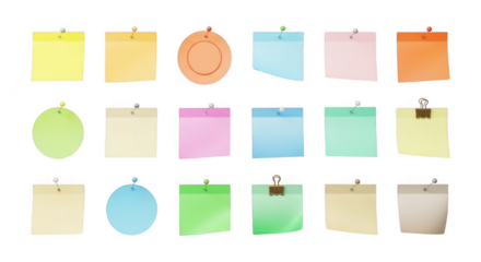 Collection of colorful sticky notes and paper memos with pushpins isolated on transparent background