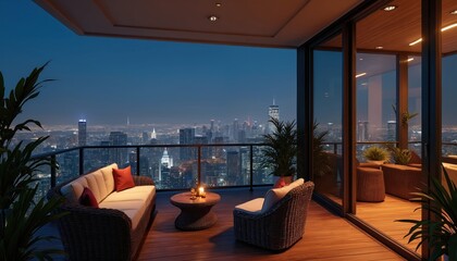 Fototapeta premium View from apartment balcony at night. Cityscape with illuminated skyscrapers and buildings. Outdoor furniture and plants create cosy relax zone.