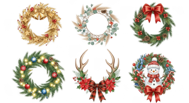 Collection of six watercolor christmas holiday wreaths with festive decoration isolated on transparent background - Powered by Adobe