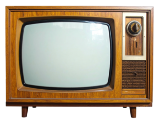 Close-up of a classic wooden-framed television set with a blank screen, a dial and speaker