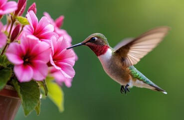 Naklejka premium Tiny ruby throated hummingbird feeds on nectar from pink petunia flower. Small bird hovers mid-air during sunny summer day. Wild avian wildlife in garden.