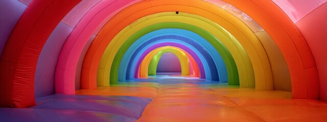 Colorful Inflatable Rainbow Tunnel for Kids Play Area with Soft Surfaces Ideal for Fun Activities and Indoor Entertainment