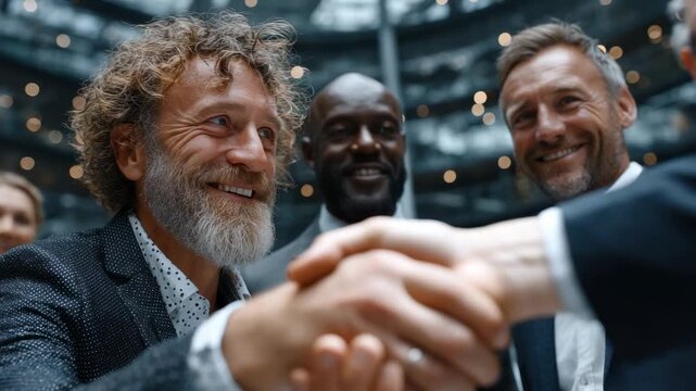 Business meeting in a modern office with smiles and handshakes among professionals on a weekday afternoon