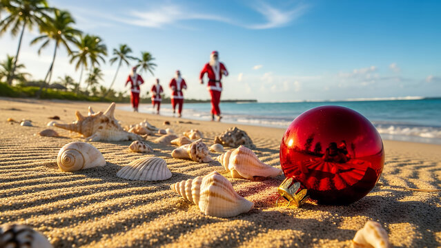 Santa Claus runners on tropical beach with seashells and decoration - Powered by Adobe
