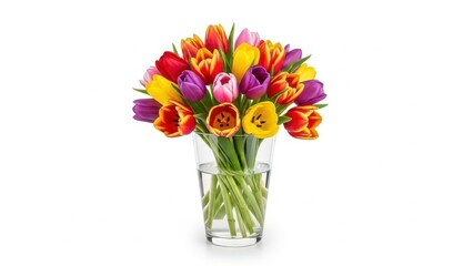 Vibrant bouquet of multicolored tulips arranged beautifully in a clear glass vase, isolated on white background