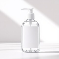 Clear hand sanitizer bottle mockup with pump dispenser for hygiene and personal care product branding