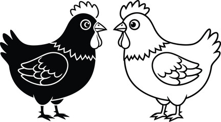 Vector illustration of two chicken hens, black silhouette and outline style, isolated on white background for farm animal logo, and poultry concept.