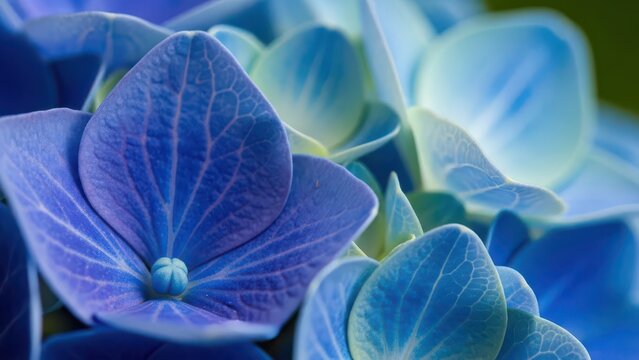Close up macro shot of vibrant blue and light blue hydrangea flower petals in full bloom with soft focus background