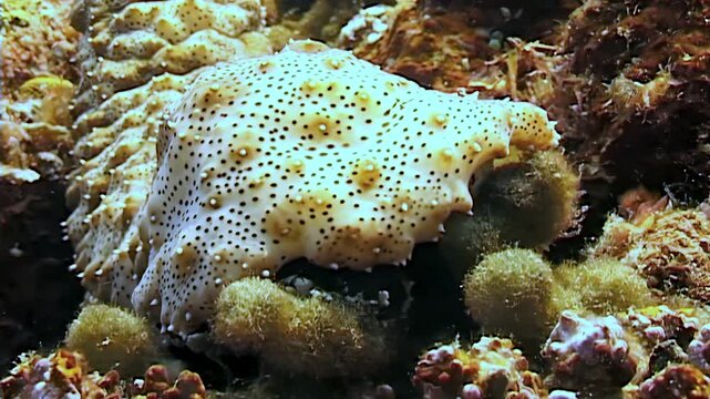 A sea cucumber consumes material from a coral reef. It appears to be near the islands of Papua New Guinea and Indonesia. The animal is feeding in the tropical waters.
