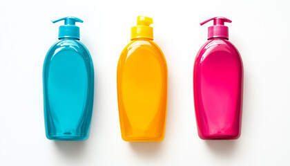 Three colorful shampoo bottles isolated on white background