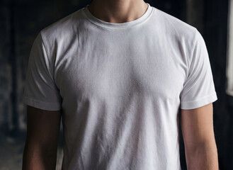 Men's sports T-shirt mockup in an abandoned location, front view