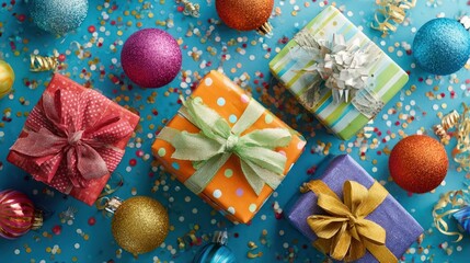 Colorful gift boxes with ribbons, confetti, and glittering ornaments on a blue background, creating a cheerful holiday atmosphere