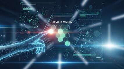 Futuristic digital interface with priority matrix and human hand