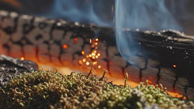Close-Up of Burning Wood with Embers and Smoke.