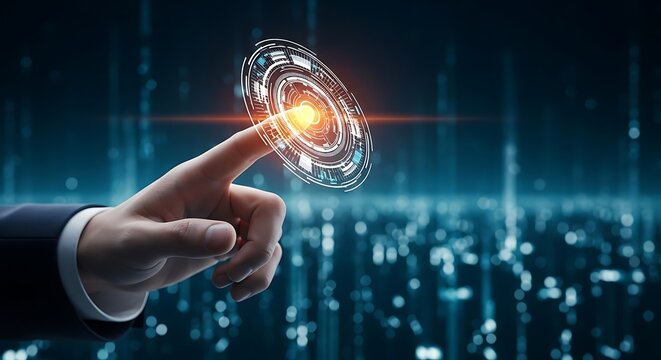Businessman touching digital interface with finger, innovative technology concept, futuristic interface with glowing light effect